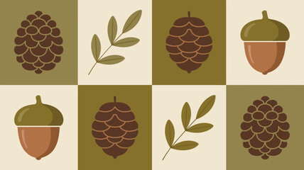 A pattern of pine cones acorns and leaves in a square grid with alternating color backgrounds and shapes