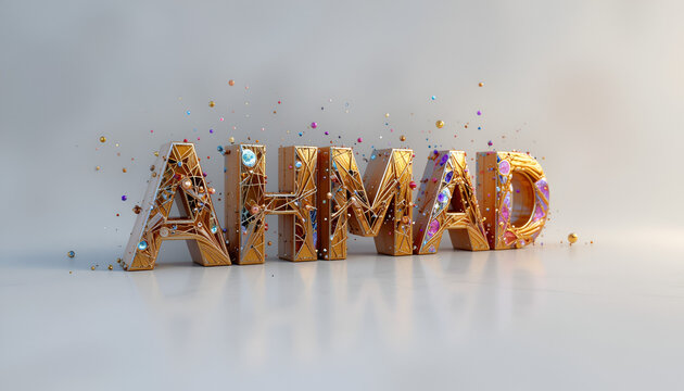 The name ahmad in shimmering golden 3d letters, with scattered particles and a soft, luminous light, set against a clean, bright background