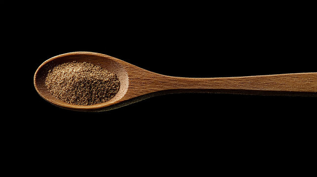 Macro Close-up Wooden spoon filled with ground cumin a close-up shot on a black background perfect for culinary and spice-related projects isolated on black background