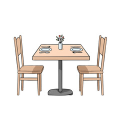 Cozy dining table with two chairs and flower vase centerpiece  