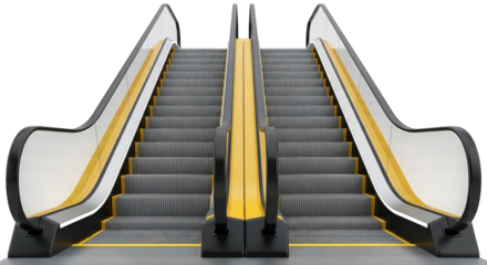 Symmetrical view of two escalators rising parallel with yellow accents and repeating step patterns.