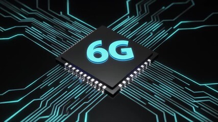 Animated digital chip featuring glowing "6G" text and futuristic processor icon on a black background, representing next-generation connectivity and advanced microtechnology. - Powered by Adobe