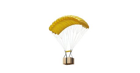 A yellow parachute descends, carrying a securely packaged parcel suspended below it in the sky.