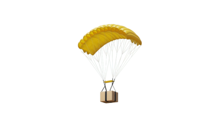 A yellow parachute descends, carrying a securely packaged parcel suspended below it in the sky.