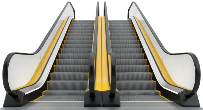 Symmetrical view of two escalators rising parallel with yellow accents and repeating step patterns. - Powered by Adobe