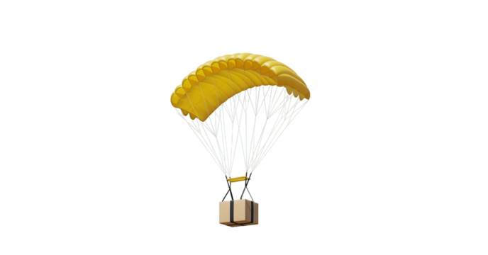 A yellow parachute descends, carrying a securely packaged parcel suspended below it in the sky.