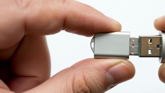 Close up of a finger holding a tiny silver USB drive for file storage, USB drive is held between the thumb and pointer finger , A minimalist, macro shot of a thumb drive held in a human hand
