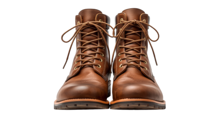 Vector illustration of front view of a pair of brown leather laceup boots isolated on transparent background