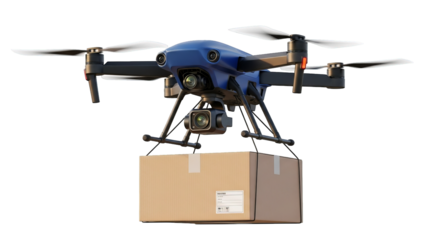 A blue drone hovers, carrying a package with a label attached via strings, on a white screen.