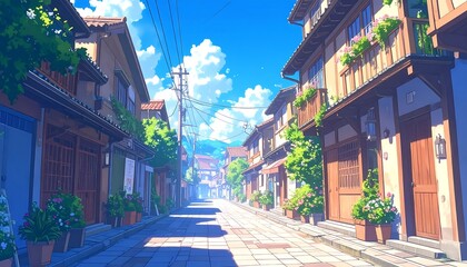 An anime-styled street scene features traditional Japanese buildings lining a paved road. Bright blue skies with fluffy clouds dominate, suggesting a sunny day