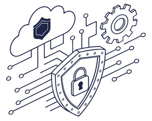 Obraz premium Cybersecurity concept with a glowing padlock icon inside a shield, binary code lines in the background, layered abstract circuits, data cloud symbols, and dark blue gradients