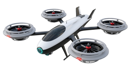 A futuristic white multirotor drone hovers with a sleek design and visible propeller elements.