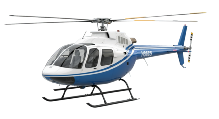 Striking view shows a blue and white helicopter in flight, showcasing its sleek design on display.