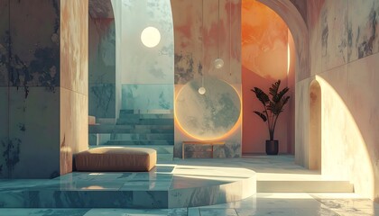 A serene interior space featuring marble walls, soft lighting, and a minimalist design with a hint of plant life