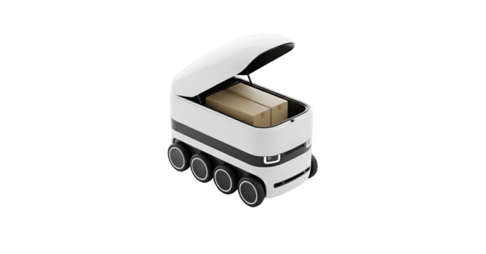 A white delivery robot with an open compartment containing brown boxes, set on a plain background.