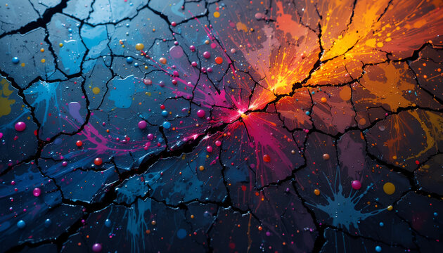 Dynamic abstract art depicting a colorful explosion bursting through a cracked, dark surface, with vibrant paint splatters and glowing particles creating a sense of energy