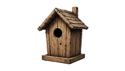 Illustration of a wooden birdhouse with small cracks and rustic texture on a white background.