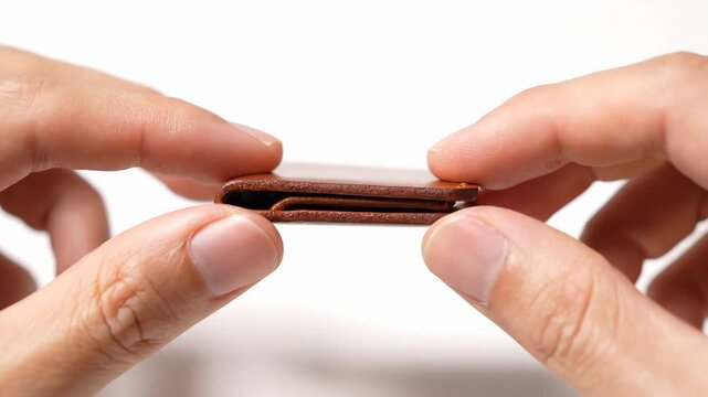 Macro shot of a minimalist brown leather cardholder wallet held by two hands, Small and well-crafted leather wallet held up between two fingers