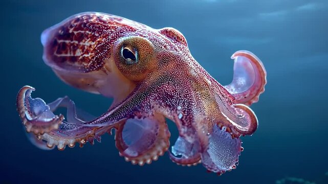 Ocean's Embrace: A mesmerizing close-up captures a vibrant cuttlefish, its skin shimmering with a kaleidoscope of colors, gracefully navigating the depths of the ocean.