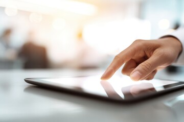 Fototapeta premium Person using a tablet device. Digital interactions and activities. Man holding a pad. Remote learning, social distance working, ordering buying online, reading e book. Close-Up view, Modern Technology
