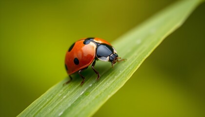 Fototapeta premium A beautiful ladybug is resting on a fresh green leaf with a slightly blurred background.