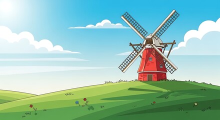 Red Windmill on Hill. (1)