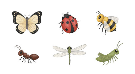 A delightful collection of six different insects, including a butterfly, ladybug, bee, ant, dragonfly, and grasshopper, showcasing the beauty and diversity of the insect world. Vector illustration