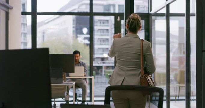 Business, woman and knock on office door for interview arrival, appointment preparation or talk. Open entrance, nervous employee and meeting with manager for recruitment negotiation, back and walk