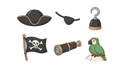 Set of pirate-themed illustrations, including a hat, eye patch, hook, flag, spyglass, and parrot. A set of illustrative elements, capturing the essence of a pirate's life Vector illustration