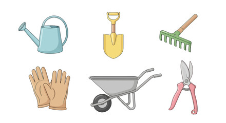 An assortment of gardening tools: a watering can, shovel, rake, gardening gloves, wheelbarrow, and pruning shears. A scene of gardening tools ready to use. Vector illustration