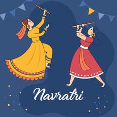 Navratri or Garba Night poster for Dussehra festival of India. Creative vector illustration design of peoples playing Dandiya dance.
