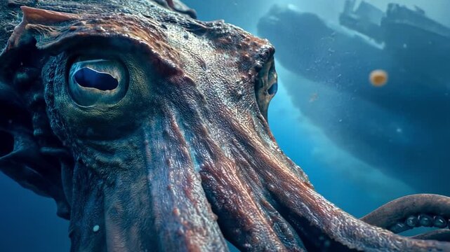 Giant Squid in the Deep: A close-up view of a colossal giant squid, with an eye that captures the vastness of the deep ocean.