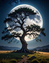 Majestic tree under a full moon
