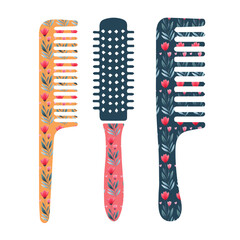 Hair combs with watercolor pattern, vector illustration. Handmade effect, decorative design, isolated on white background. Beauty salon accessory, modern hair styling tool, trendy clipart in flat styl