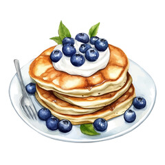 Blueberry Pancakes With Cream, watercolor illustration vector, isolated on a white background.