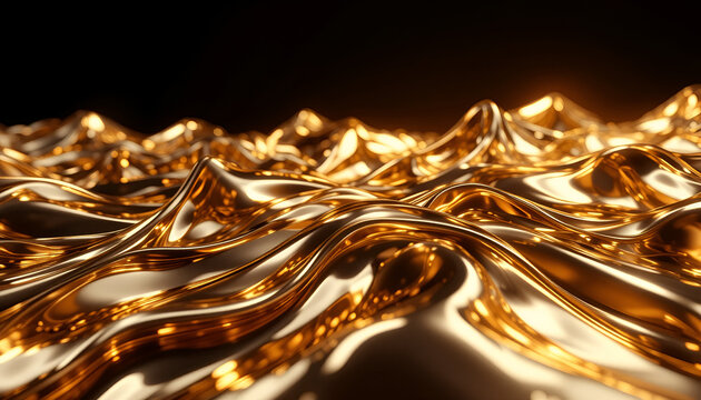 A closeup, macro view of molten gold liquid flowing and rippling, forming abstract mountainous shapes and waves with dramatic lighting and reflections, creating a luxurious and opulent texture