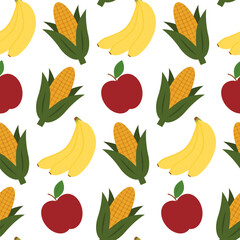 Ripe Apple Bananas Bunch and Corn Seamless Pattern Harvesting Greetings Background or Wallpaper idea