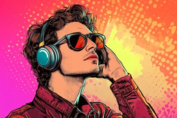 Young man wearing headphones and sunglasses, listening music on a colorful background. Vibrant pop art retro style. Created with, Generative AI