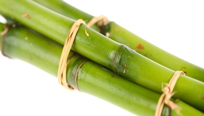 Obraz premium Close-up of green bamboo stalks tied with tan string on a white background