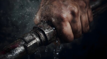 A close up of a hand tightening a rusty pipe joint with water splashing