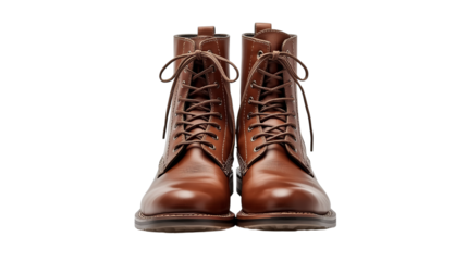 Vector illustration of front view of brown leather laceup boots with brogue detailing, isolated on transparent background