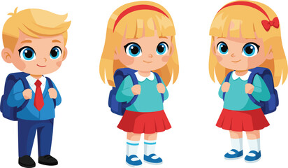 Cartoon school children standing together with backpacks, cheerful expressions, back-to-school theme, vector illustration for education, childhood, and learning content