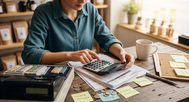 Small business accounting at desk - Powered by Adobe