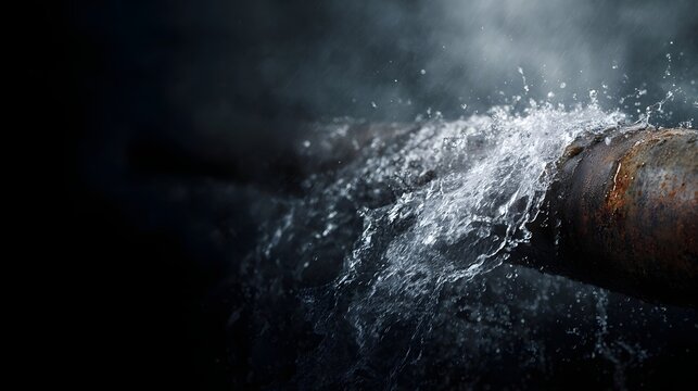 A rusty pipe bursts spraying water in a dramatic urgent scene highlighting a plumbing emergency and potential damage