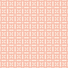 Retro floral vector seamless pattern. Simple ornament with small flower silhouettes, tiles, grid. Cute pink minimal texture. Vintage old-fashioned background. Repeated geo design for textile, linens