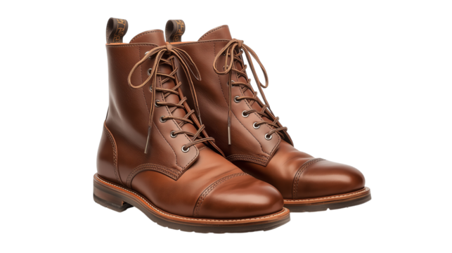 Vector illustration of a pair of brown leather laceup boots with brogue detailing, isolated on transparent background - Powered by Adobe