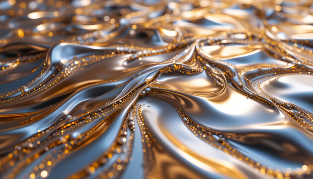 Intricate abstract pattern of metallic waves with shimmering gold particles and cool blue reflections, suggesting a rich, textured surface