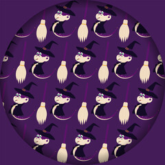 Snake in Witch look and Broom Pattern on Round Backdrop Paper Cut Effect Halloween violet Background