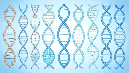 Rows of varied, stylized DNA double helixes shown against a soft blue gradient background