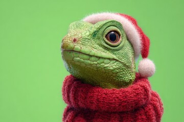 Cute Wild Animal Head Wear Santa Claus Hat. Snake Wearing Santa Hat, Warm Scarf . Green Background. Merry Christmas, New Year Card. Dragon in Red costume. Adorable Animals in Winter Holiday Headdress